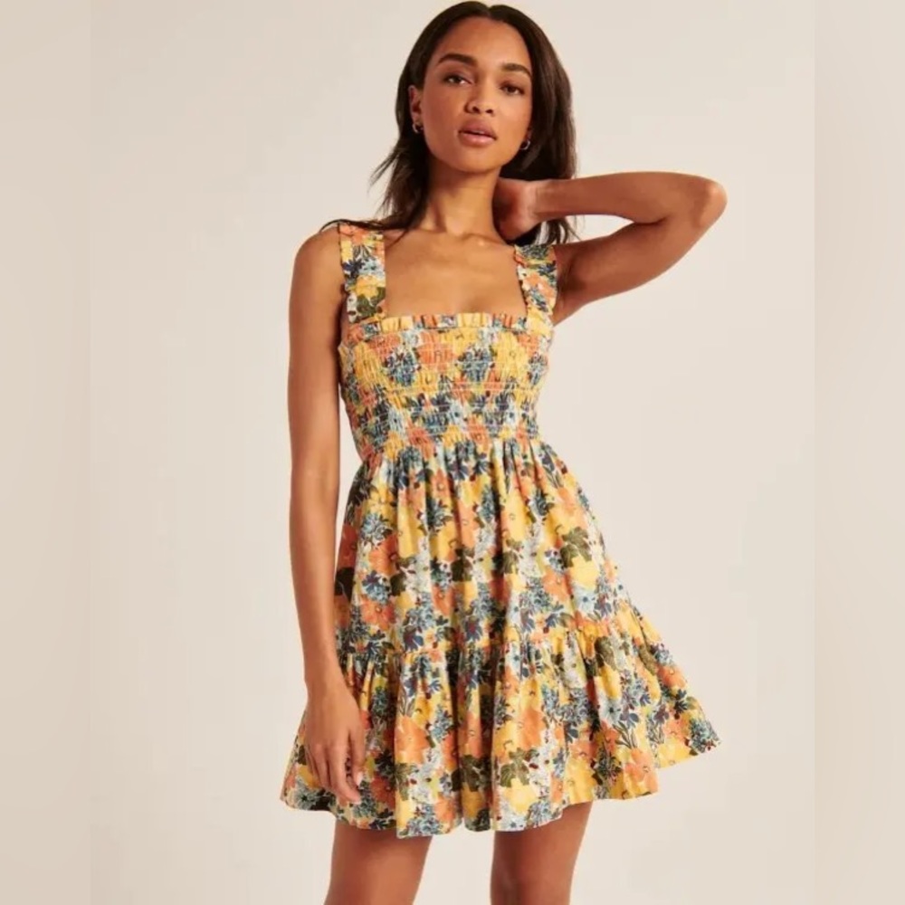 Abercrombie & Fitch Yellow Floral Smocked Mini Dress